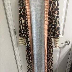 Leopard Print Long Duster Kimono - Cream & Brown